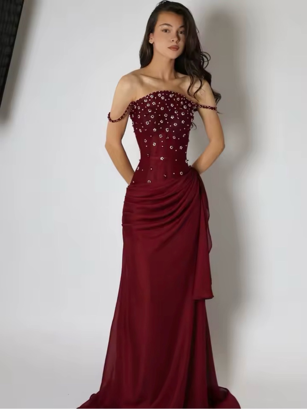 Off-Shoulder Beaded Burgundy Evening Gown